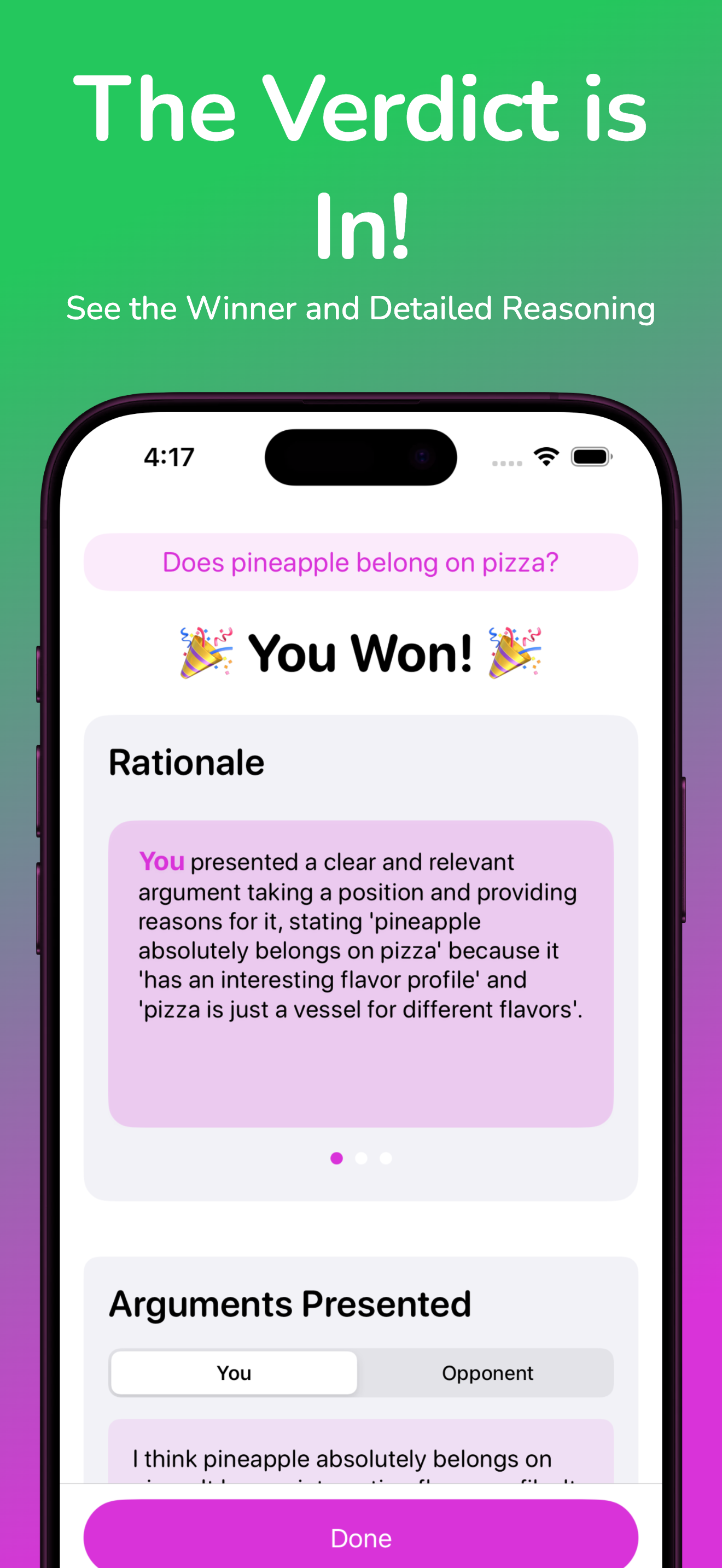 Results screen showing winner and detailed reasoning